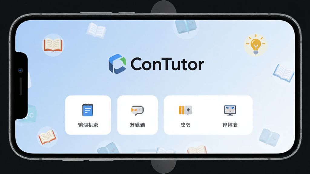 һ��չʾConTutor�������Ľ�����ֻ����棬�ֻ���Ļ������ʾConTutor��logo�ͼ��ĸ���������ڣ���������͵����׽���ɫ������Χ��׺�鱾�͵��ݵ�Сͼ�꣬��������ˬ�ִ������ʸɾ��޶���Ԫ��
