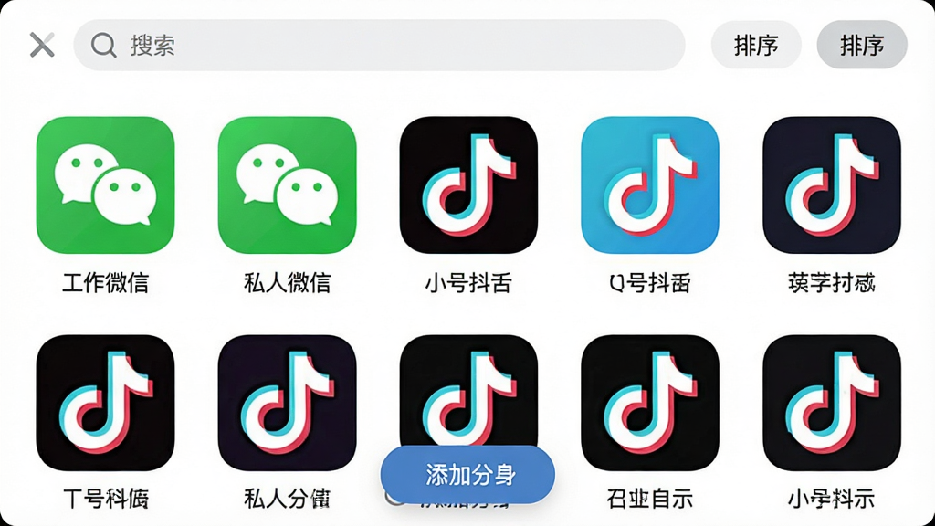 一张X空间应用管理界面的展示图,画面中整齐排列着多个应用分身图标,每个图标下方有名称标签如工作微信、私人微信、小号抖音等,界面顶部有搜索框和排序按钮,底部有添加分身的悬浮按钮,风格清爽扁平,画质干净无多余元素