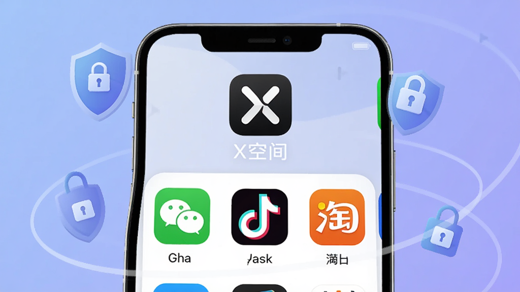 一张展示X空间应用主界面的手机模型图,画面中央是X空间App的图标和名称,图标下方展示已添加的多个应用分身卡片,如微信、抖音、淘宝等,手机屏幕周围环绕着盾牌和锁的图标代表隐私保护,背景是柔和的蓝紫色渐变,风格现代扁平化,画质干净清晰,无多余元素