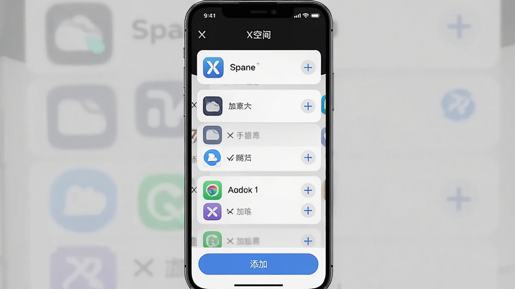 一张手机屏幕截图风格的图片,画面中X空间界面显示应用列表,每个应用旁边有加号按钮,用户正在勾选多个App添加到多开列表中,界面底部有添加按钮,顶部标题显示X空间,风格简洁清爽,画质干净无多余元素