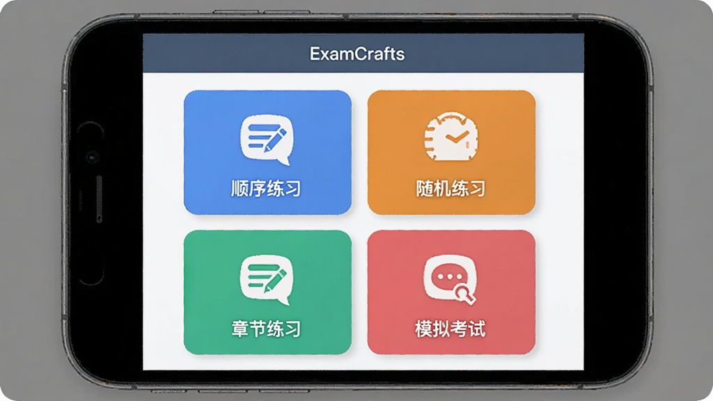 ExamCrafts��ģʽˢ����棬�ֻ���Ļչʾ����ˢ��ģʽ��Ƭ���ֱ���˳����ϰ�������ϰ���½���ϰ��ģ�⿼�ԣ�ÿ����Ƭ�ж�Ӧͼ�����ɫ���֣������ɾ����Ű����룬���������޶���װ��
