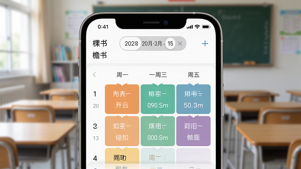 �����ǡ����顱App�Ŀα�������д����������ʾһ�ܵĿγ̰��ţ��ò�ͬ��ɫ���ֿ�Ŀ�������������л������Ű����ֻ���Ļռ�ݻ������壬������ģ���Ľ��ҳ�������������¼�Լ��UI��Ʒ磬ϸ�����������ʸɾ��������޶���Ԫ�ء�