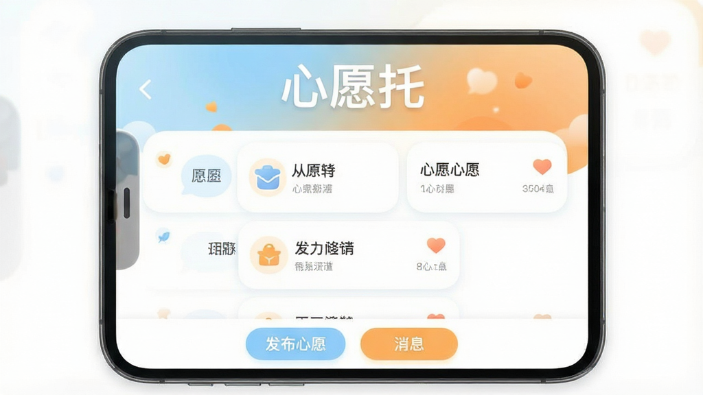 һ���ֻ�Ӧ�ý���չʾͼ�����������ǡ���Ը�С�APP�������棬��������͵Ľ��䱳���͡���Ը�С��������֣��м��ǿ�Ƭʽ����Ը�б���ÿ�ſ�Ƭ��д�Ų�ͬ����Ը���ݺ�Сͼ�꣬�ײ��з�����Ը����Ϣ������ť��������������ů��ɫ����ǳ����ů��Ϊ�������ּ��������ϸ��Բ�󣬻��ʸɾ����޶���Ԫ��