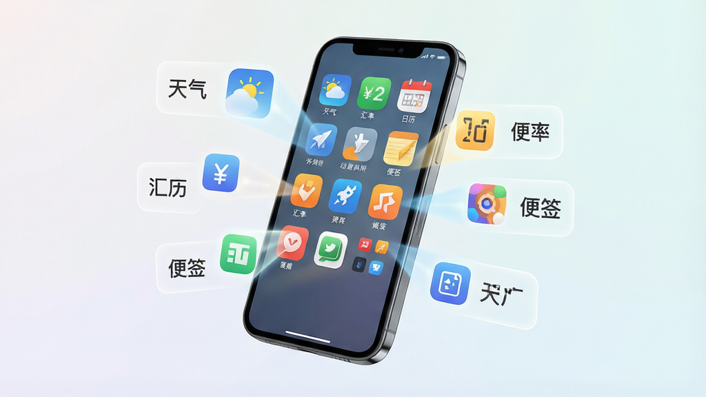 一张展示众多帮App功能聚合特点的AI生图,画面中一部手机悬浮在中央,手机屏幕内显示众多帮App的功能图标网格,每个图标代表不同小工具,图标从屏幕中向外散发微光,周围环绕着“天气”“汇率”“日历”“便签”等文字标签,背景为浅色渐变,风格科技简洁,画质干净无多余元素,适合应用介绍配图