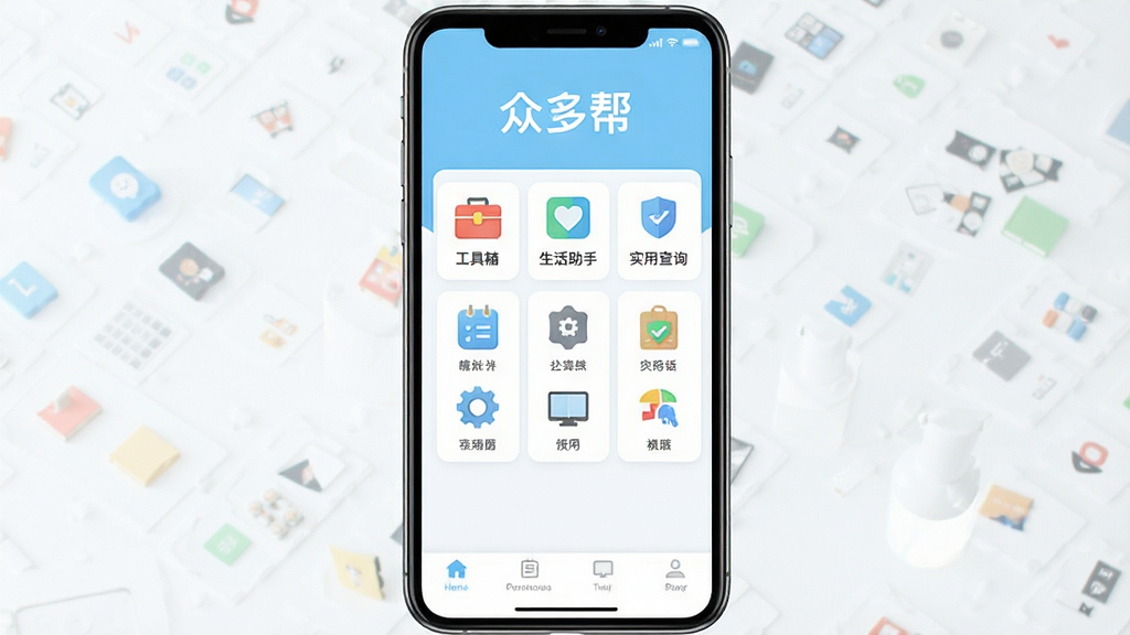 一张手机应用界面展示图,画面中央是打开状态的众多帮App主界面,界面以简洁白色和浅蓝色为底色,上方显示“众多帮”三个字,中间排列着整齐的功能图标,包括工具箱、生活助手、实用查询等模块,底部有导航栏,整体风格清爽现代,画质干净清晰,无多余元素,扁平化设计,手机屏幕比例,适合应用市场展示
