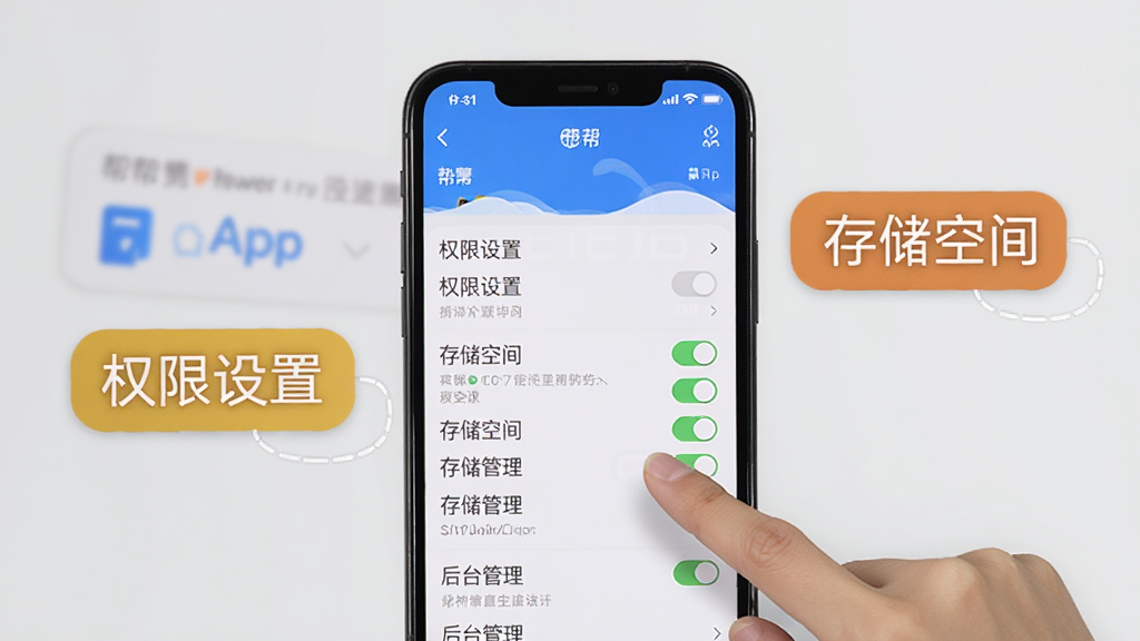 一张展示众多帮App使用技巧的AI生图,画面中一部手机屏幕显示众多帮App的设置页面,旁边有一只手正在点击屏幕上的权限开关,画面中有“权限设置”“存储空间”“后台管理”三个悬浮标签,背景为浅灰色,风格简洁实用,画质清晰,适合教程配图