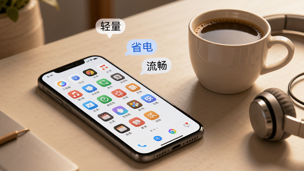 一张展示众多帮App轻量省电特点的AI生图,画面中一部手机放在桌面上,手机屏幕亮着显示众多帮App界面,旁边放着一杯咖啡和一副耳机,整体氛围轻松,手机上方漂浮着“轻量”“省电”“流畅”三个小标签,风格温馨简约,画质清晰干净,无多余装饰元素