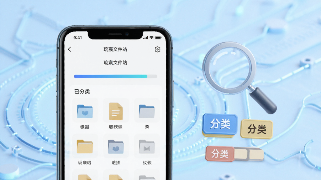一张展示“琉宸文件站”文件扫描与管理功能的图片,画面中一部手机屏幕显示扫描进度条和已分类的文件列表,旁边有放大镜图标和分类标签。背景为科技感浅蓝色,风格简洁明快,画质清晰,无多余元素。