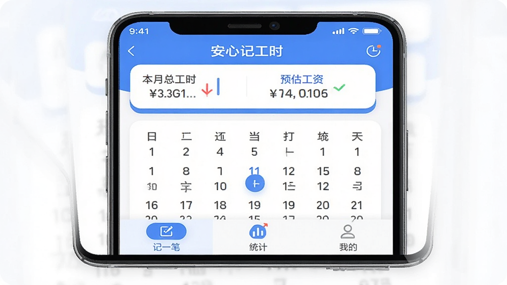 �ֻ���Ļչʾ�����ļǹ�ʱ��App�����棬������ʾ�����ܹ�ʱ��Ԥ�����ʣ��м��������򿨼�¼���ײ��С���һ�ʡ���ͳ�ơ����ҵġ�������ǩ�����岼�ּ�࣬������ɫ������ִ���ƽ��ϸ��Բ�󣬻��ʸɾ��޶���Ԫ��