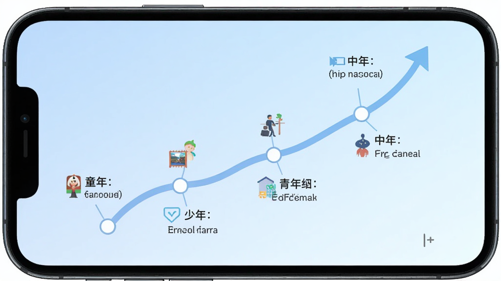 �Դ��ռ�ʱ������棬�ֻ���Ļ��ʾһ���������ϵ�ʱ���ߣ����ϱ�ע��ͯ�ꡢ���ꡢ���ꡢ����Ƚڵ㣬ÿ���ڵ��Ա���Сͼ��ͼ�����������������ǵ���ɫ���䣬����Լ�ִ��������������ɾ��޶���Ԫ��
