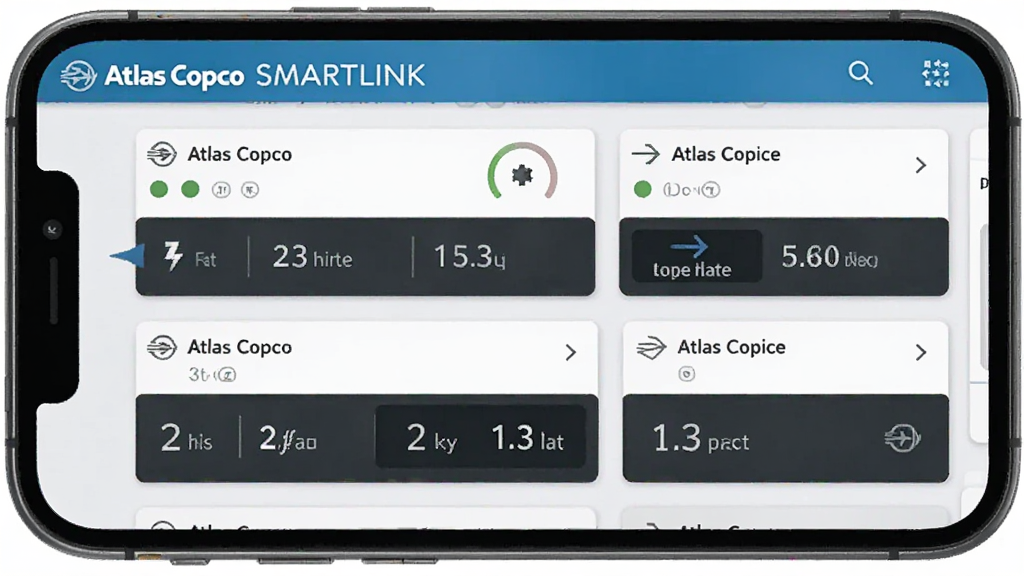 һ��չʾAtlas Copco SMARTLINKӦ���ڶ��豸�б����������ͼƬ���ֻ���Ļ��ʾ��̨��ѹ����״̬��Ƭ��ÿ�ſ�Ƭ�����豸���ơ�����״̬ͼ��͹ؼ����ݣ������Ǹɾ���ǳɫ���棬�����������޶���Ԫ��