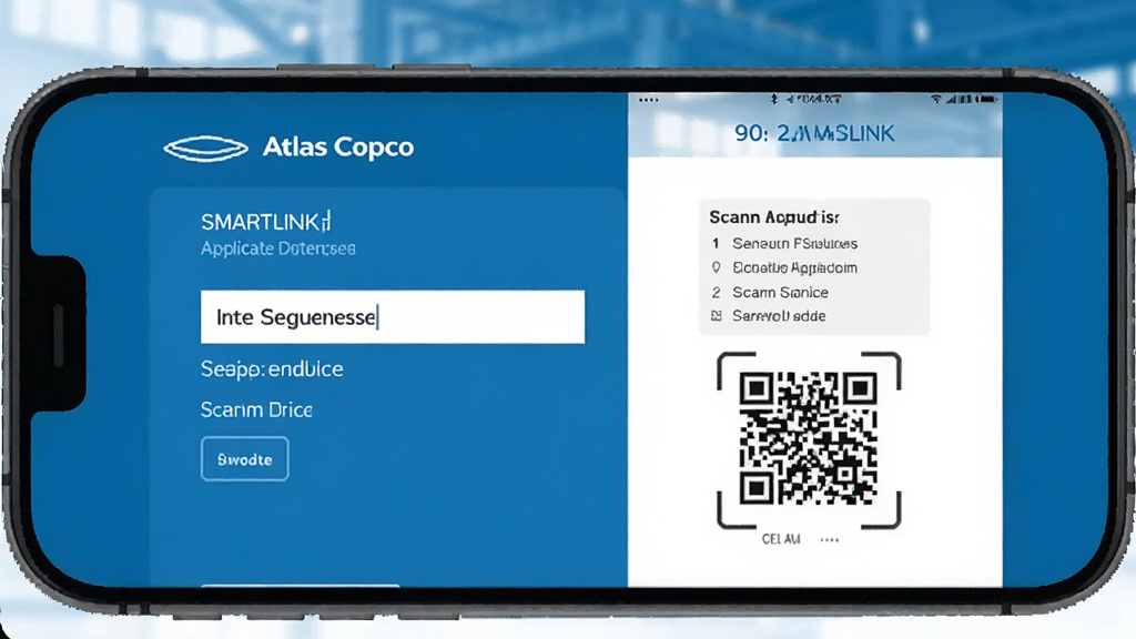 һ��չʾAtlas Copco SMARTLINKӦ�����豸������ҳ���ͼƬ���ֻ���Ļ��ʾ�������кź�ɨ���ά��Ľ��棬�����Ǽ��Ĺ�ҵ��ɫ���������������޶���Ԫ��