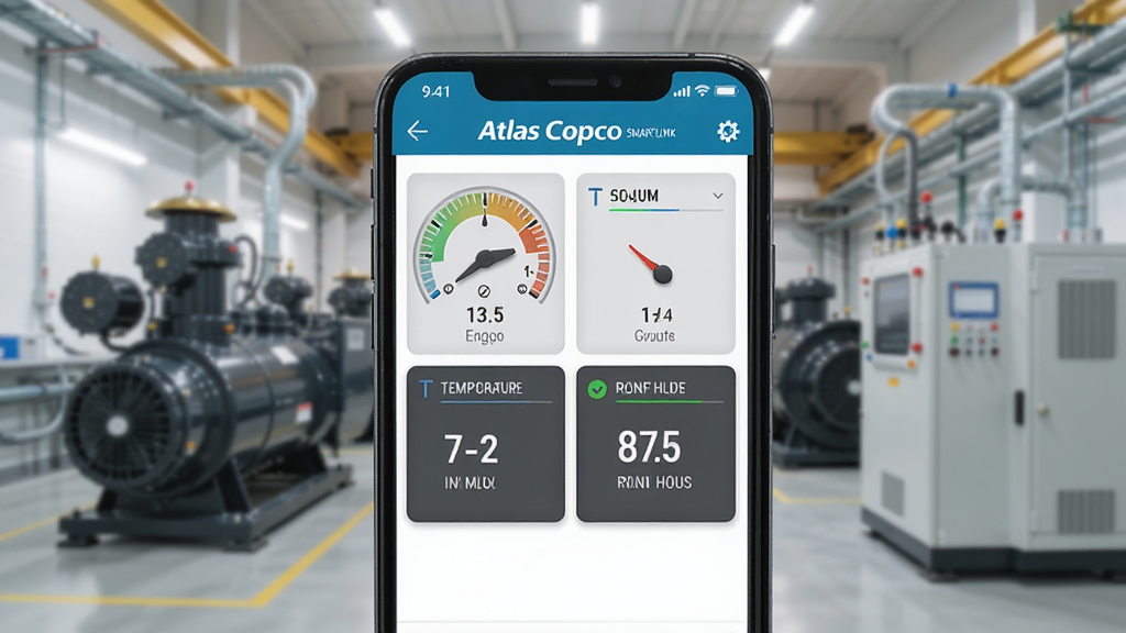 һ��չʾAtlas Copco SMARTLINK�ֻ�Ӧ���������ͼƬ������������һ�������ֻ�����Ļ��ʾ��ѹ������״̬�Ǳ��̣�����ѹ�����¶ȡ�����Сʱ�������ݿ�Ƭ��������ģ�����ִ���ҵ��ѹ�������������Ϊ�ɾ�дʵ�ĿƼ���Ӱ�磬ϸ�������������������޶���Ԫ��