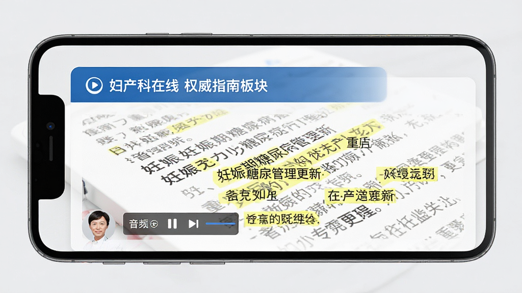妇产科在线 权威指南板块界面,手机屏幕显示一篇指南解读文章,标题为妊娠期糖尿病管理更新,下方有专家头像和音频播放条,文字区域有高亮标注的重点内容。背景是浅灰色,卡片式设计,蓝色标题栏,整体风格专业且易读,画质清晰,无杂乱广告元素。