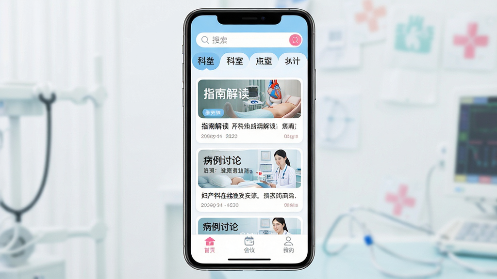 妇产科在线 手机应用界面展示,画面中央是一部竖屏智能手机,屏幕上显示着妇产科在线APP的主页,顶部有搜索栏和科室分类标签,中间是资讯卡片流,包含指南解读和病例讨论的图文内容,底部有首页、会议、我的三个导航图标。整体布局简洁清晰,以白色和浅蓝色为主色调,点缀少许粉色医疗元素。风格现代扁平化,细节圆润,画质干净无多余元素。