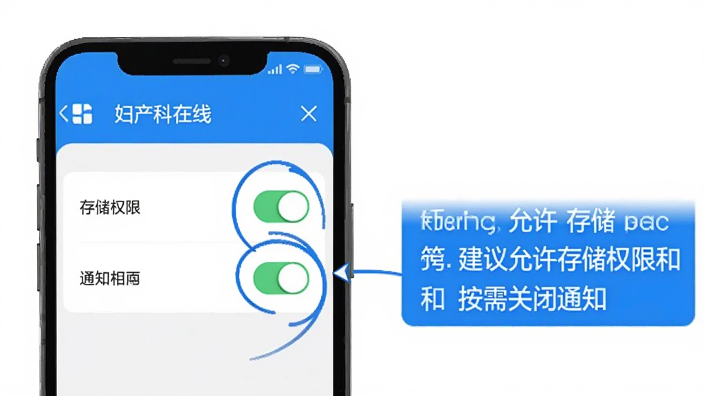 妇产科在线 手机设置权限界面示意图,手机屏幕显示应用权限管理页面,存储权限和通知权限开关被圈出,旁边有文字标注建议允许存储权限和按需关闭通知。背景简洁,蓝色高亮提示,风格清晰易懂,画质干净无多余元素。