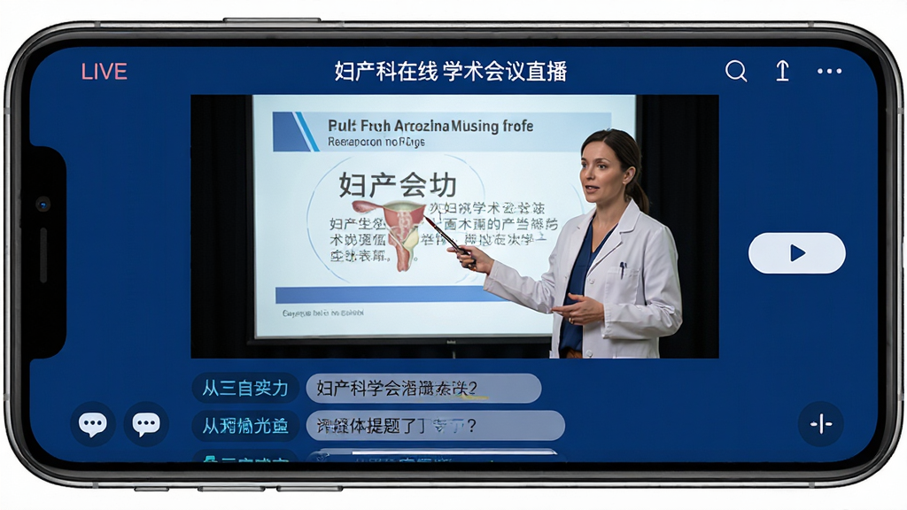 妇产科在线 学术会议直播界面,手机横屏显示一场妇产科学术会议的直播画面,讲者正在讲解PPT,屏幕下方有聊天互动区,观众在提问。界面以深蓝色为背景,视频窗口清晰,按钮布局合理,风格简洁专业,画质干净无多余元素。