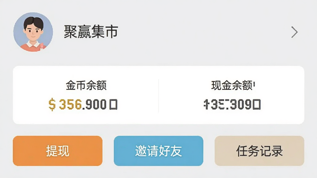 聚赢集市APP的“我的”页面截图,顶部是用户头像和昵称,中间显示“金币余额”和“现金余额”,下方有“提现”、“邀请好友”、“任务记录”等按钮,背景为淡灰色,文字清晰,风格简约,画质干净,无多余元素。