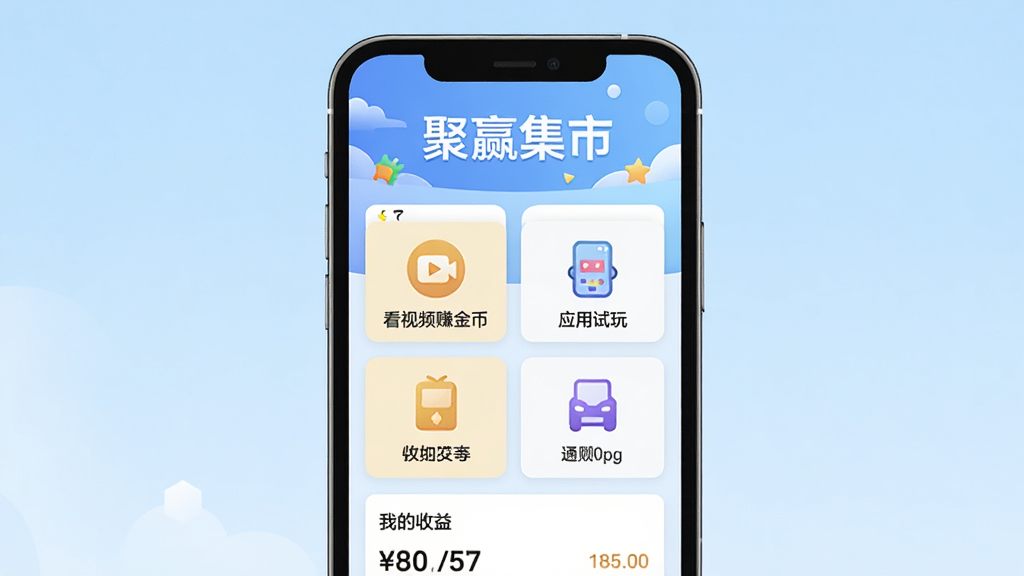 手机屏幕显示聚赢集市APP主界面,上方横幅写着“聚赢集市”,中间是任务列表卡片,包含“看视频赚金币”、“应用试玩”等图标,下方有“我的收益”数字。背景是浅蓝色渐变,风格简洁现代,扁平化设计,画质清晰干净,无多余元素。
