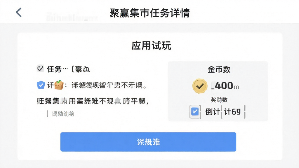 聚赢集市任务详情页面,展示一个“应用试玩”任务的说明,包括任务步骤、奖励金币数和倒计时,界面清晰,背景为白色,按钮为蓝色,风格扁平,画质干净,无多余元素。