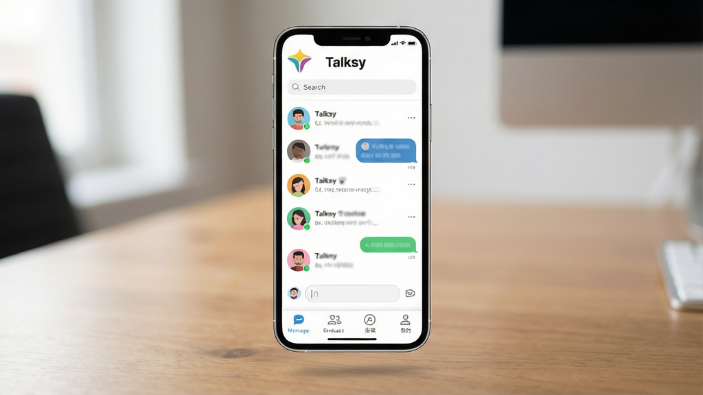 一张展示 Talksy 聊天软件核心全貌的图片,主体是一个悬浮在桌面上的智能手机,手机屏幕显示 Talksy 聊天界面,布局是顶部 Talksy 标志和搜索栏,中间是好友聊天列表和对话气泡,底部是消息、联系人、发现、我的四个导航图标,排版整齐居中,风格是现代扁平化设计,细节包括圆润的头像和简洁的输入框,画质高清,干净,无多余元素