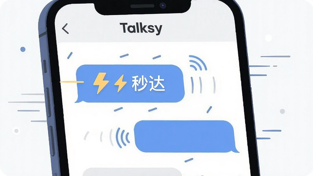 一张展示 Talksy 极速消息收发功能的图片,主体是一部手机屏幕特写,屏幕上显示 Talksy 聊天窗口,一条消息气泡旁边有闪电图标和“秒达”字样,布局是对话气泡在左侧和右侧交替排列,顶部有 Talksy 名称,排版简洁明了,风格是扁平插画风,细节包括信号波纹和速度线条,画质干净,无多余元素