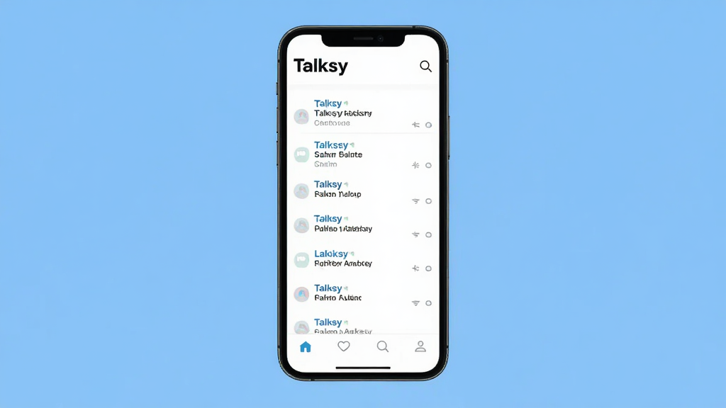 一张展示 Talksy 清爽无广告界面的图片,主体是手机屏幕显示 Talksy 主界面,布局是顶部 Talksy 标志和搜索图标,中间是纯聊天列表,底部是四个导航按钮,排版留白充足,风格是极简主义,细节包括干净的背景和清晰的文字标签,画质高清,干净,无多余元素
