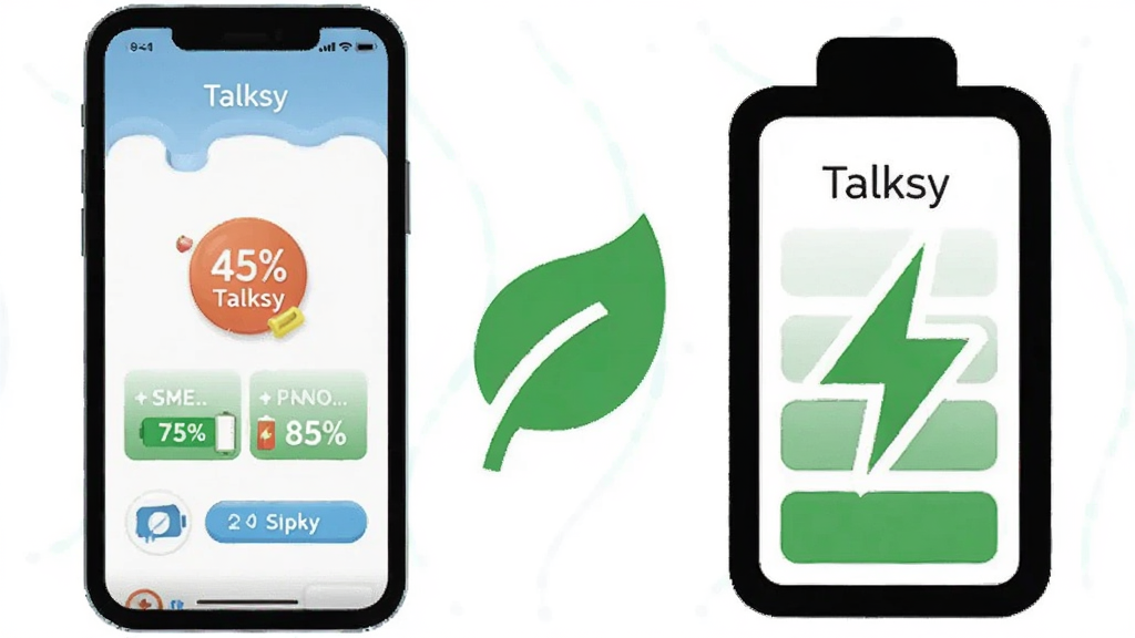 一张展示 Talksy 轻量省电特性的图片,主体是一部手机和一块电池图标并排,手机屏幕显示 Talksy 界面,布局是手机在左电池在右,中间有绿色节能叶子图标,排版居中,风格是科技插画风,细节包括电量百分比和流畅线条,画质清晰,干净,无多余元素