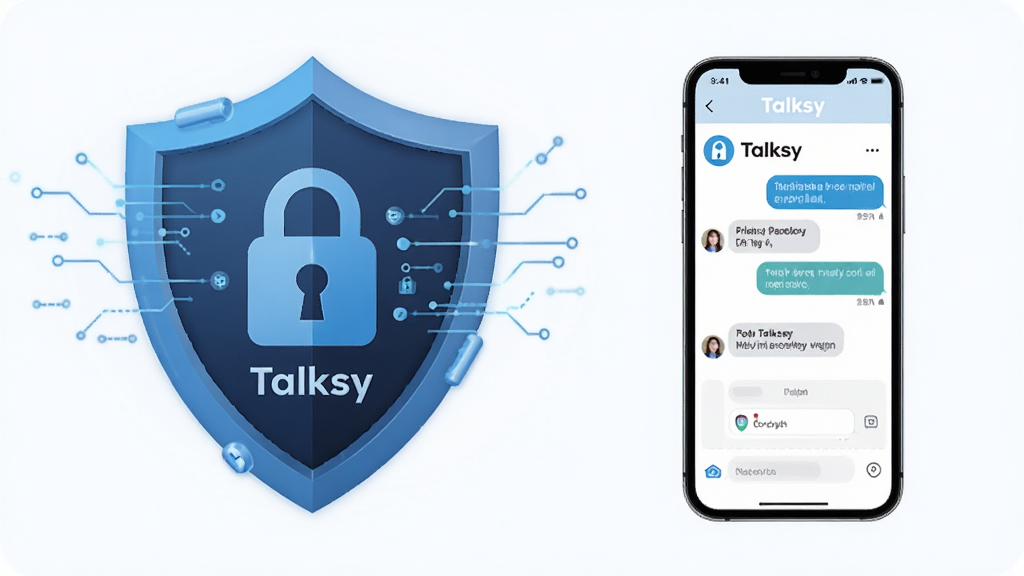 一张展示 Talksy 隐私安全功能的图片,主体是一个盾牌图标和手机屏幕显示 Talksy 聊天界面,布局是盾牌在左手机在右,盾牌上有锁形图案,排版对称,风格是安全科技风,细节包括加密线条和 Talksy 名称,画质干净,无多余元素