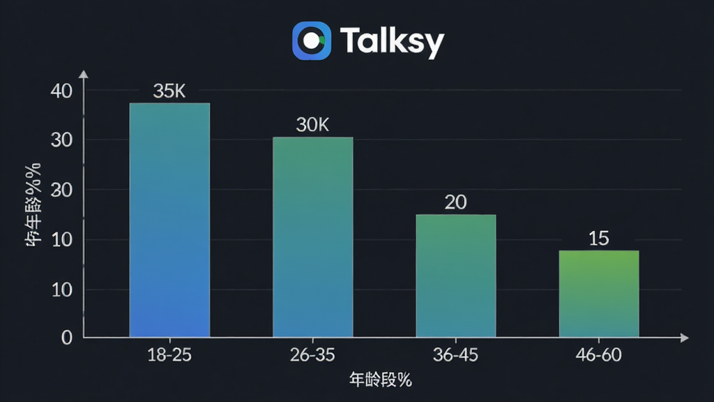 一张展示 Talksy 用户年龄分布柱状图的图片,主体是一个柱状图图表,布局是横轴为年龄段18-25、26-35、36-45、46-60,纵轴为百分比0-40,四根柱子高度分别为35、30、20、15,柱子颜色从蓝到绿渐变,顶部有 Talksy 标志,排版居中,风格是数据可视化,细节包括清晰的坐标轴标签和数值标注,画质干净,无多余元素