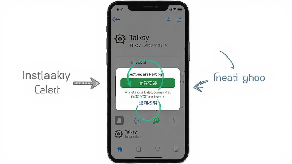一张展示 Talksy 在手机上安装和设置流程的图片,主体是一部手机屏幕显示 Talksy 安装界面和权限设置弹窗,布局是手机居中,屏幕上有“允许安装”和“通知权限”按钮,旁边有箭头指示,排版清晰,风格是教程图解风,细节包括设置图标和 Talksy 名称,画质干净,无多余元素