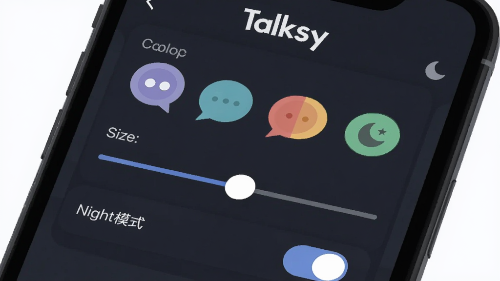 一张展示 Talksy 个性化设置界面的图片,主体是手机屏幕显示 Talksy 设置页面,布局是顶部 Talksy 标题,中间是气泡颜色选项、字体大小滑块、夜间模式开关,排版整齐,风格是清新扁平风,细节包括彩色气泡和月亮图标,画质高清,干净,无多余元素
