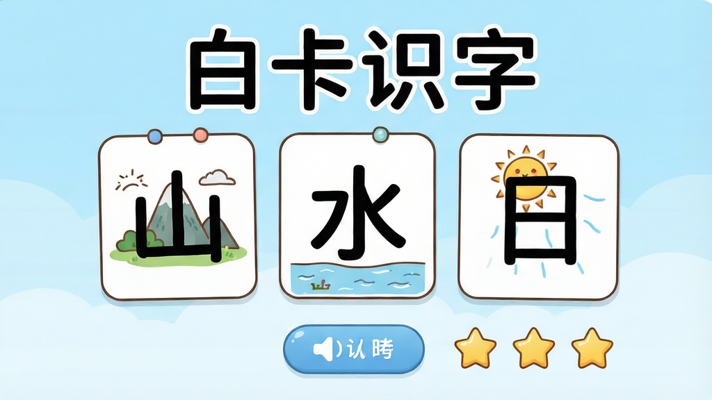 һ��չʾ�׿�ʶ��App���Ľ���Ĳ廭�������Ϸ��С��׿�ʶ�֡��ĸ����֣�����λ���ǿ�ͨ���ĺ��ֿ�Ƭ��ɽ����ˮ�����ա���ÿ�ſ�Ƭ���пɰ��ļ�ʻ�ͼ�����·��и�����ť�����ǽ���ͼ�꣬��������͵�ǳ��ɫ���䣬����������ͯȤ�������������Ű��࣬���ʸɾ����޶���Ԫ��