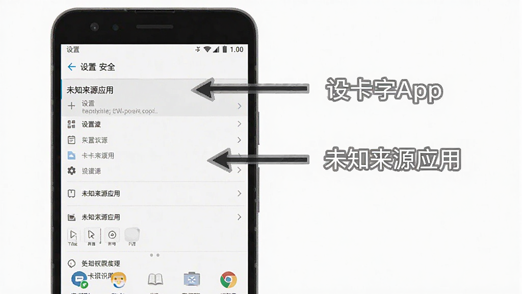 �׿�ʶ��App�ڰ�׿�ֻ��ϵİ�װȨ�����ò���ʾ��ͼ��������չʾ�ֻ���Ļ��ͼ����ע��������-��ȫ-δ֪��ԴӦ�á���·�����Ա��м�ͷָ��������˵������������ˣ��������������ʸɾ����޶���Ԫ��