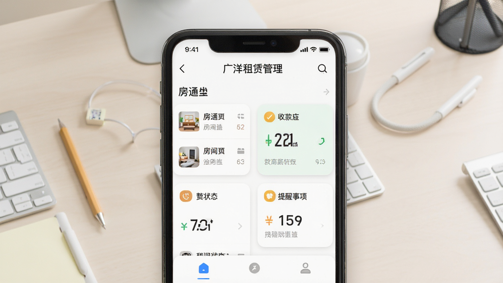 一张展示“广洋租赁管理”手机应用界面的图片,主体是手机屏幕,屏幕内显示租赁管理仪表盘,包含房间列表、收款状态和提醒事项,布局为居中展示手机正面,背景为浅色办公桌面,风格简洁扁平化,细节上有柔和的阴影和圆角图标,画质清晰干净,无多余元素。