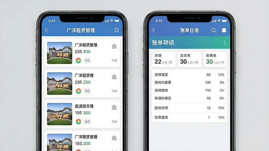 一张展示“广洋租赁管理”功能模块的图片,主体是手机屏幕特写,屏幕内显示房源列表与账单明细两个页面并排,布局为左右分屏对比,风格为现代扁平化UI,细节上有清晰的图标和标签文字,画质干净无多余元素。