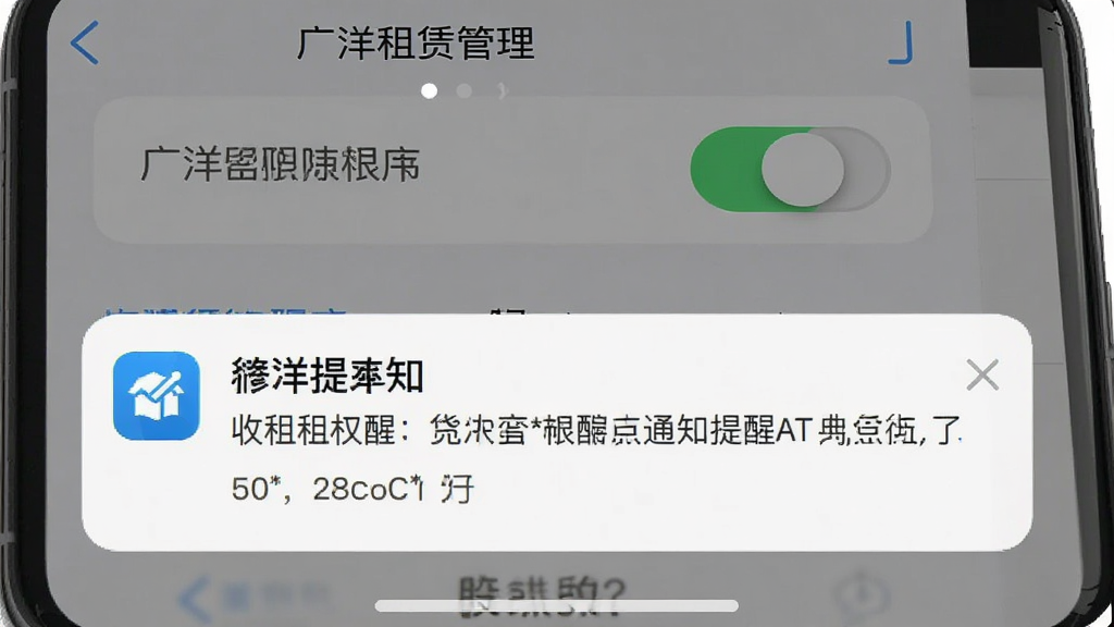 一张展示“广洋租赁管理”在手机上设置通知权限的截图风格图片,主体是手机设置界面与软件提醒弹窗,布局为上下结构,上方是权限开关,下方是收租提醒通知,风格为真实手机截图风格,细节上有清晰的文字标签和图标,画质干净无多余元素。