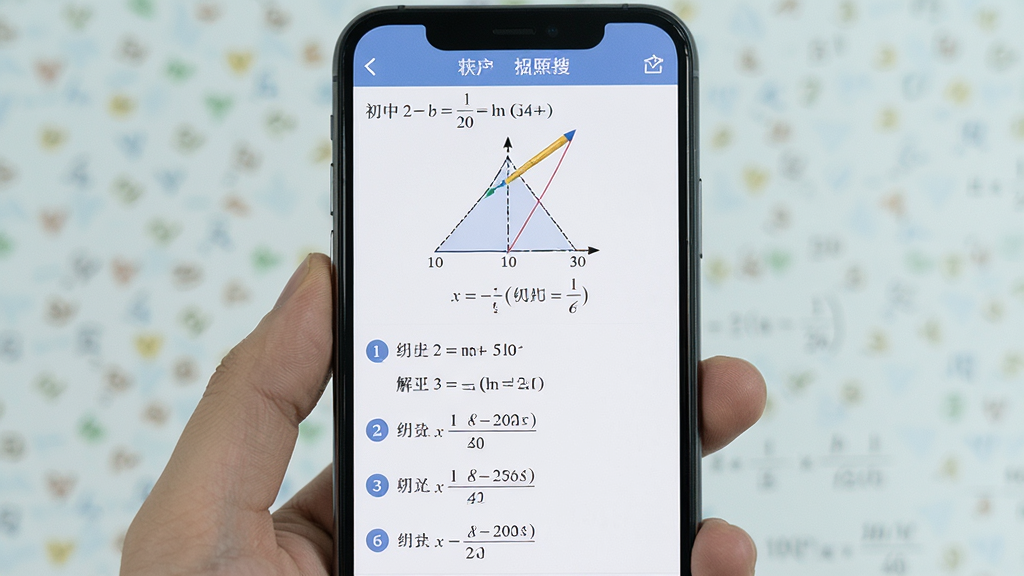 作业搜答案助手拍照搜题功能展示,手机屏幕中央显示一道初中数学几何题,下方出现解题步骤和最终答案,界面有清晰的步骤编号和公式展示,背景为浅色,整体风格干净利落,画质清晰