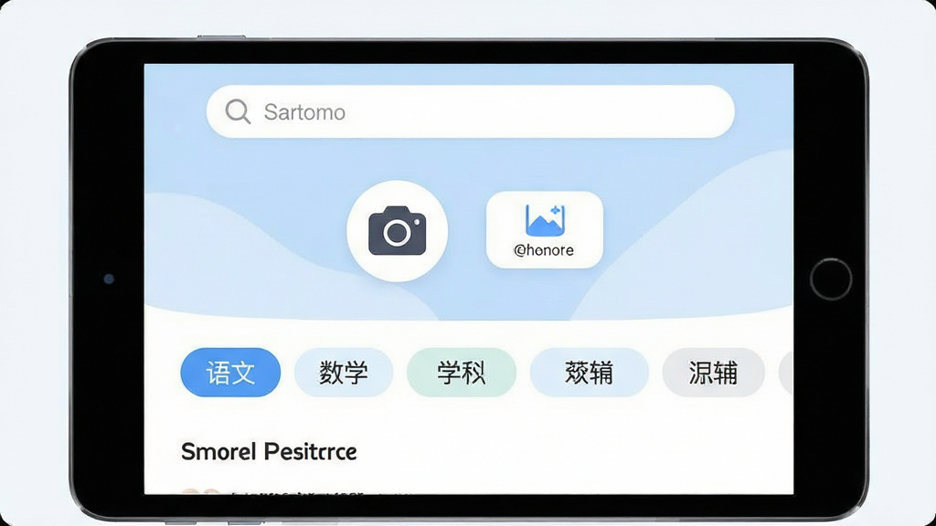 作业搜答案助手软件主界面截图,展示拍照搜题功能按钮、学科分类入口和最近搜索记录,整体布局简洁清晰,背景以淡蓝色和白色为主色调,顶部有搜索框,中间是相机图标和上传图片按钮,下方排列语文数学英语等学科标签,界面风格现代扁平,图标圆润,文字清晰,干净无多余元素,画质高清