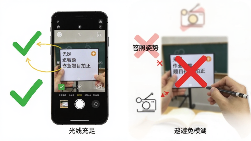 作业搜答案助手使用技巧示意图,手机屏幕显示拍照搜题的正确姿势,包括光线充足、题目拍正、避免模糊等要点标注,画面中有对勾和叉号对比展示正确与错误操作,风格简洁明了,画质清晰
