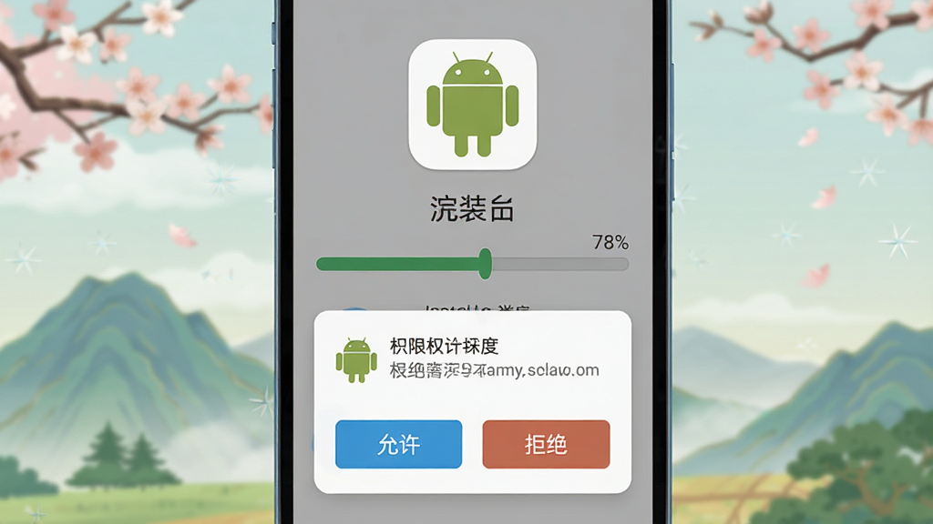һ���ֻ���Ļ��ʾ�ͷ�����App�İ�װ���棬�����ǰ�װ��������Ȩ�����󵯴�������Ϊ������ʾ���Ű��Ϸ���Ӧ��ͼ������ƣ��·��ǡ��������͡��ܾ�����ť�����Ϊ��ƽ����ƣ�ϸ�ڰ�����׿������ͼ��ͽ��Ȱٷֱȣ����ʸɾ��������޶���Ԫ��