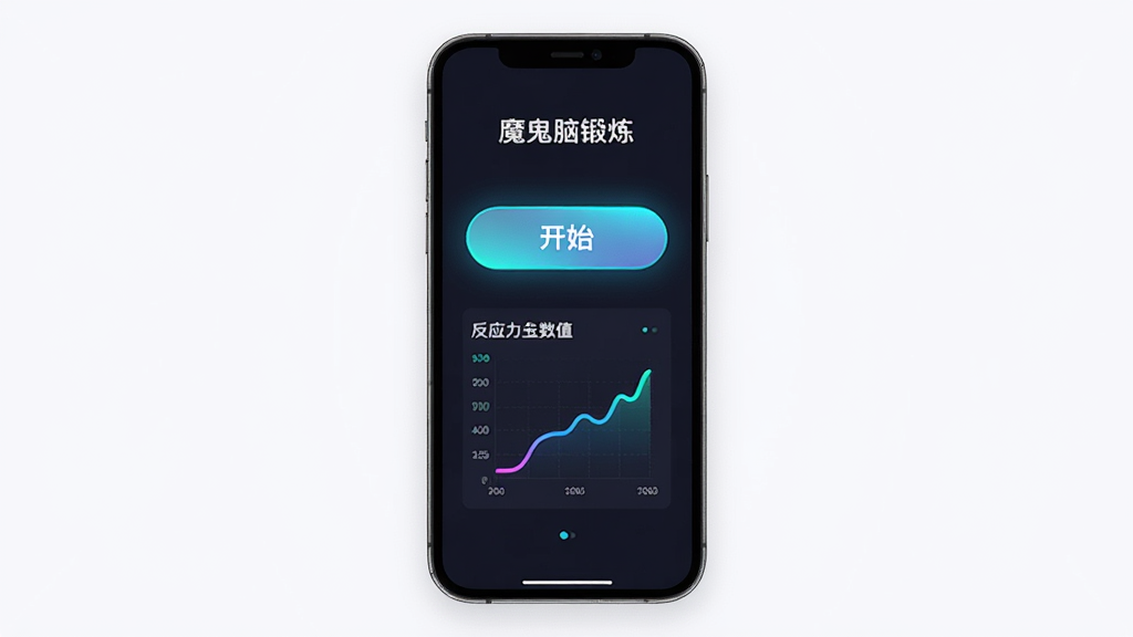 魔鬼脑锻炼 软件主界面展示,主体是一个手机屏幕,屏幕中显示着简洁的测试开始按钮和反应力数值图表,布局居中,排版清晰,风格为现代扁平化科技风,细节上带有轻微的霓虹光效,画质高清,画面干净,无多余元素