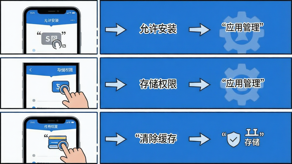 一张展示AI小说生成移动端操作界面的指南图。主体是手机屏幕,屏幕上分步骤展示安装、权限设置、清除缓存的操作路径。布局为三格漫画式排版,从上到下依次为“允许安装”“存储权限”“清除缓存”。风格为扁平化教程插画,色彩以蓝色和白色为主。细节包括手指点击图标、箭头指示、文字标注使用引号“设置”“应用管理”“存储”。画质高清,干净整洁。