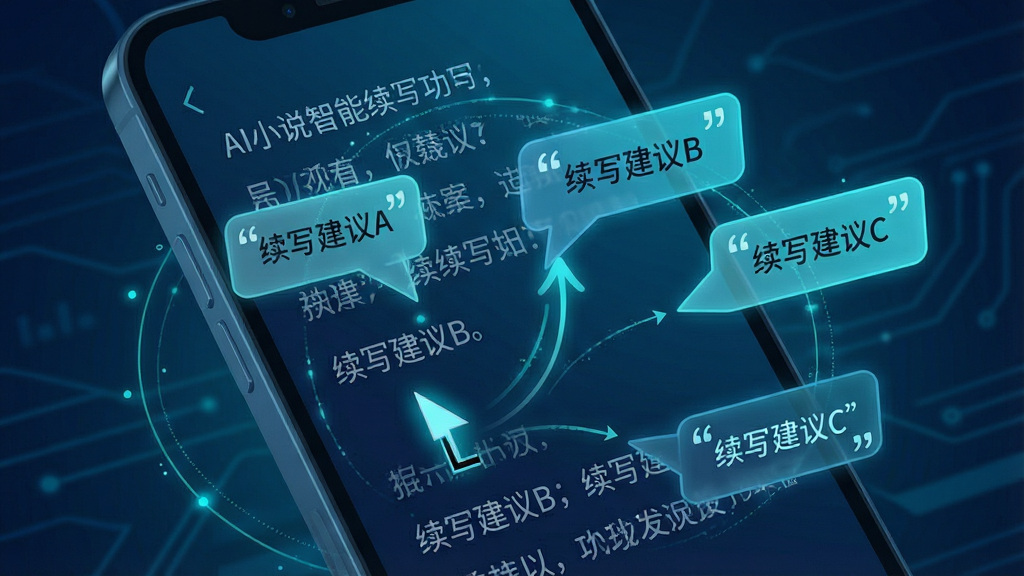 一张展示AI小说生成智能续写功能的特写图片。主体是手机屏幕特写,屏幕上显示一段小说文字,光标闪烁处出现三个不同走向的续写建议气泡。布局为手机占据画面中央,周围有淡淡的发光线条表示AI分析过程。排版上,续写气泡内文字清晰可辨,使用引号标注“续写建议A”“续写建议B”“续写建议C”。风格为科技感UI插画,色彩以深蓝和青色为主。细节包括细腻的发光效果、文字排版工整。画质高清,干净无多余元素。