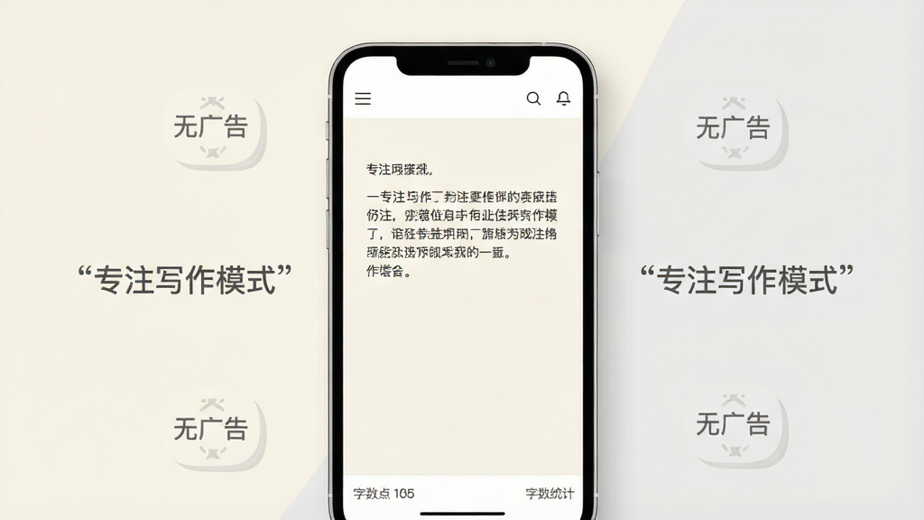一张展示AI小说生成清爽无广告写作界面的图片。主体是手机屏幕,屏幕上只有纯色的写作背景和一段文字,顶部有极简的菜单栏,底部有字数统计。布局为手机居中,周围有淡淡的“无广告”标识图标。排版极简,文字使用引号标注“专注写作模式”。风格为极简主义插画,色彩以米白色和浅灰色为主。细节包括干净的留白、细腻的阴影。画质高清,无任何多余元素。