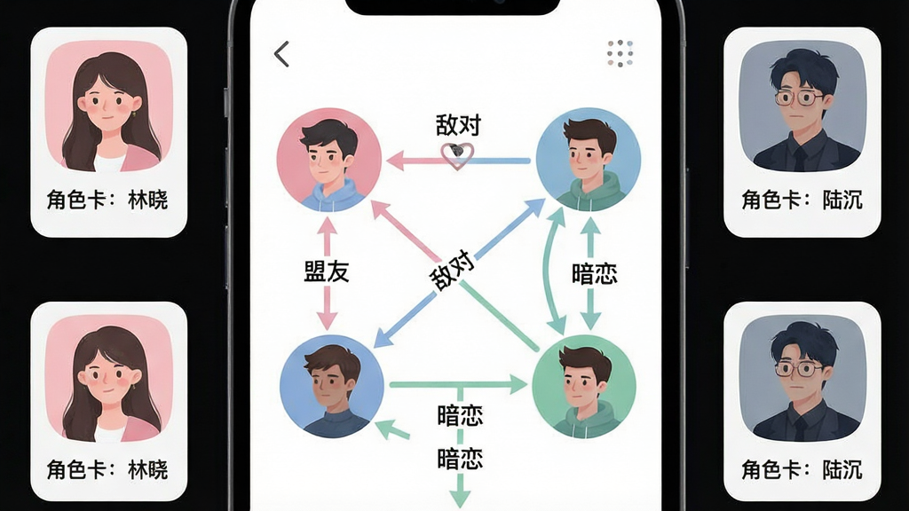 一张展示AI小说生成角色关系网功能的示意图。主体是手机屏幕,屏幕上显示几个圆形角色头像,头像之间用不同颜色的线条连接,线上有文字标签如“盟友”“敌对”“暗恋”。布局为关系网占据屏幕中央,周围有角色卡缩略图。排版清晰,角色卡上标注“角色卡:林晓”“角色卡:陆沉”。风格为信息图表插画,色彩以柔和的粉蓝绿区分关系。细节包括圆角头像框、清晰的连线箭头。画质高清,无杂乱元素。