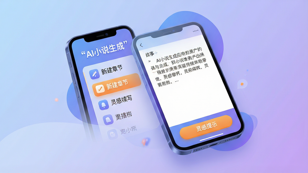 一张展示AI小说生成应用核心界面的详细图片。主体是一个悬浮在柔和渐变背景上的智能手机。手机屏幕显示AI小说生成的写作界面,左侧是故事大纲列表,右侧是文字编辑区,底部有灵感提示按钮。布局采用居中构图,手机微微倾斜。排版清晰,文字标签使用引号标注“AI小说生成”“新建章节”“灵感续写”。风格为现代扁平化插画,色彩以蓝紫渐变为主,点缀暖橙色按钮。细节包括圆润的图标、清晰的文字层级、干净的背景。画质高清,2K分辨率,无多余元素。