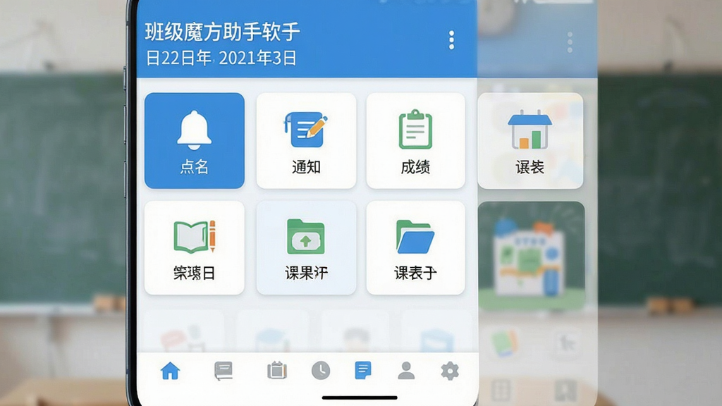 班级魔方助手 软件主界面全貌展示 手机屏幕竖版构图 顶部显示班级名称和日期 中间是功能卡片网格布局 包含点名、通知、成绩、课表等图标 底部为导航栏 蓝白清新配色 扁平化设计风格 界面干净整洁 文字清晰 画质细腻 无多余元素