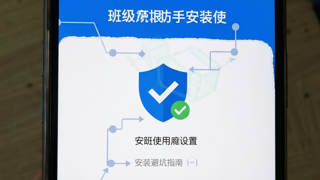 班级魔方助手 安装使用避坑指南 手机屏幕显示安装权限设置界面 带有盾牌和勾选图标 蓝白配色 信息图表风格 画质干净 无多余元素