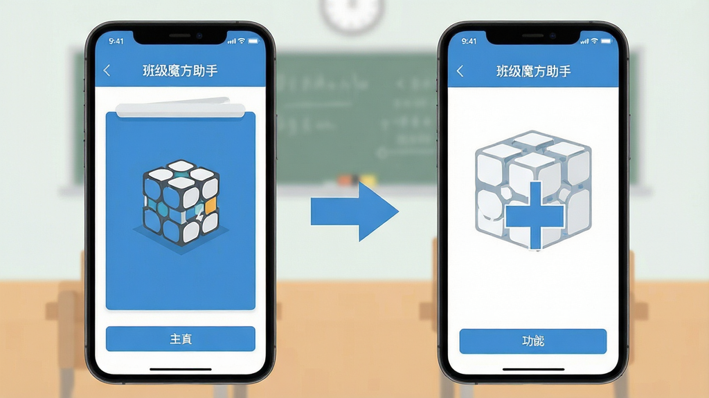 班级魔方助手 操作流程示意 手机屏幕显示从主界面到功能页面的跳转过程 箭头指示清晰 界面简洁 蓝白配色 扁平化设计 画质干净 无多余元素